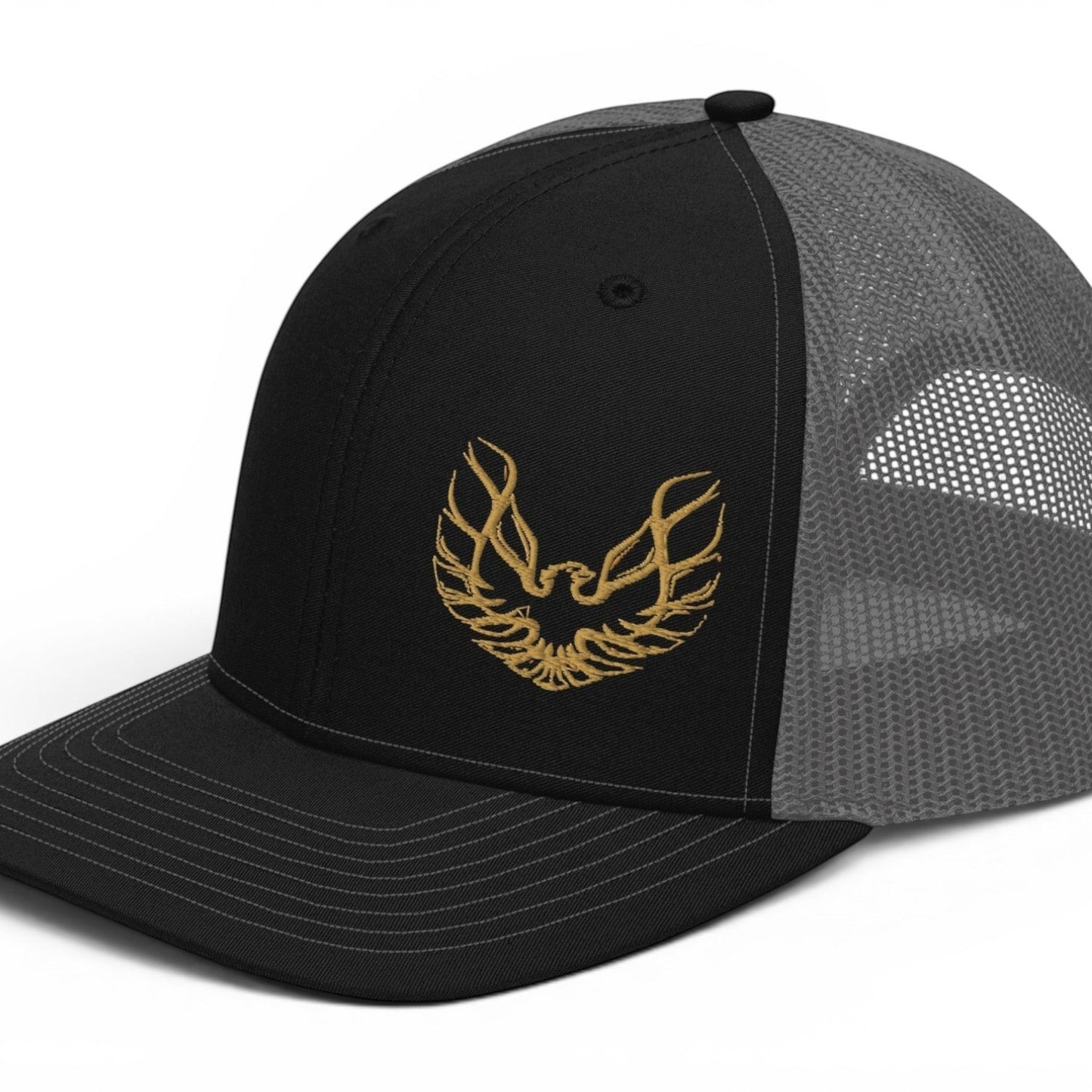 T-Top Vibes Pontiac Trans Am hat with black front, grey mesh back, and gold embroidered phoenix logo.