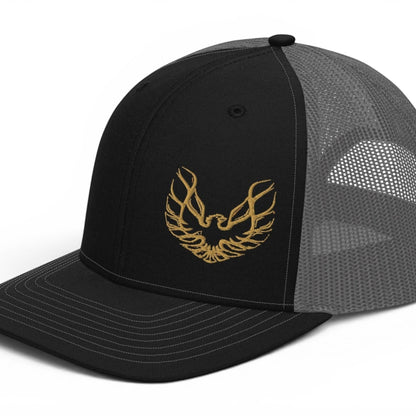 T-Top Vibes Pontiac Trans Am hat with black front, grey mesh back, and gold embroidered phoenix logo.