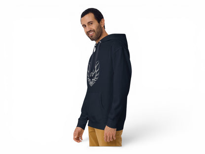 T-Top Vibes navy blue Pontiac Trans Am hoodie with a graphic print, front pouch pocket, and three-panel hood.