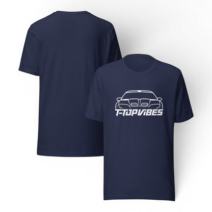 T-Top Vibes navy blue cotton t-shirt featuring a white Pontiac Trans Am WS6 graphic on the front