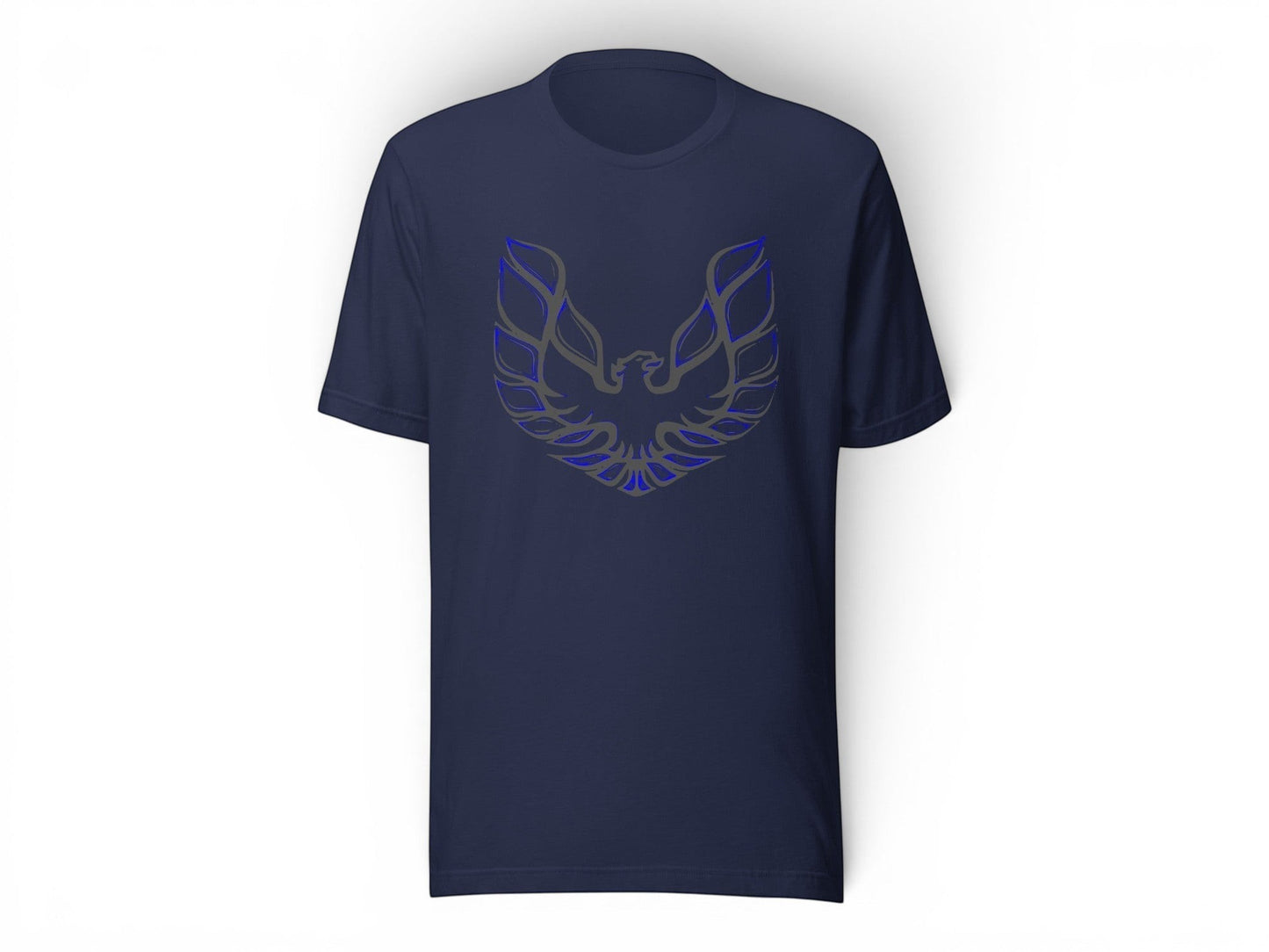 T-Top Vibes navy blue cotton t-shirt featuring a grey and blue Pontiac Trans Am eagle graphic on the chest.