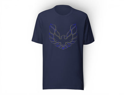 T-Top Vibes navy blue cotton t-shirt featuring a grey and blue Pontiac Trans Am eagle graphic on the chest.