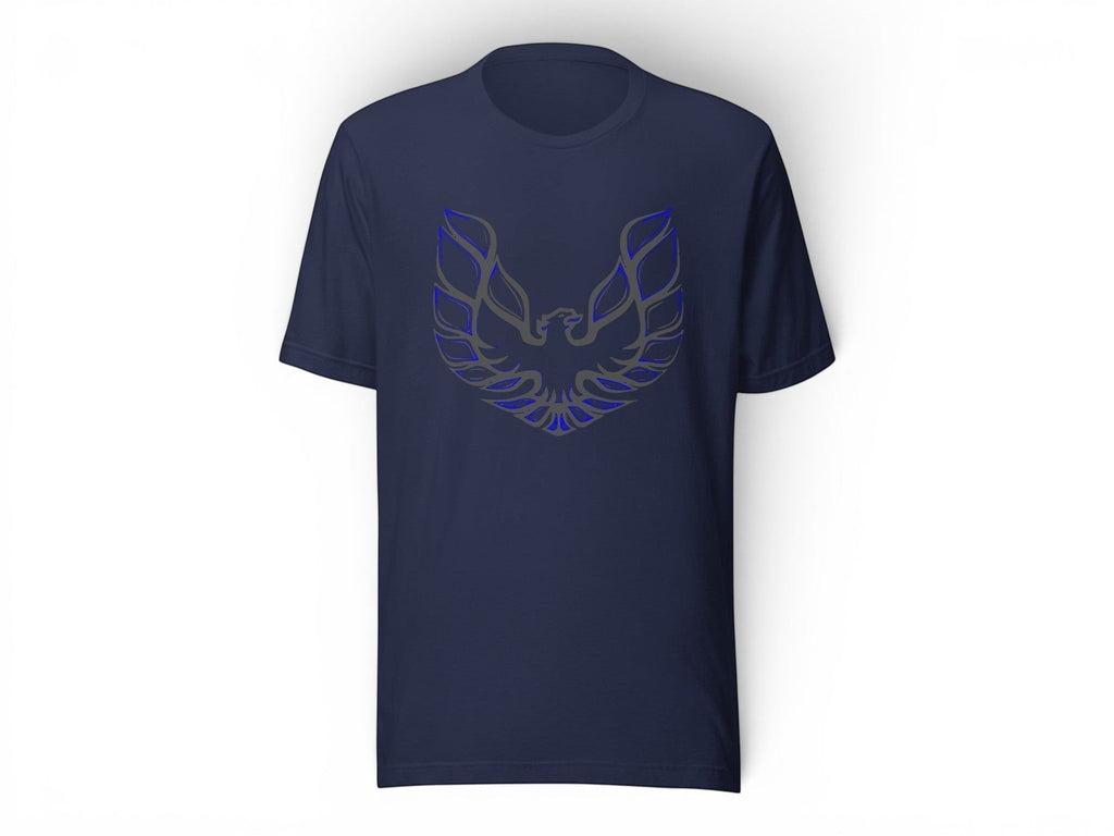 T-Top Vibes navy blue cotton t-shirt featuring a Pontiac Trans Am phoenix graphic on the chest.