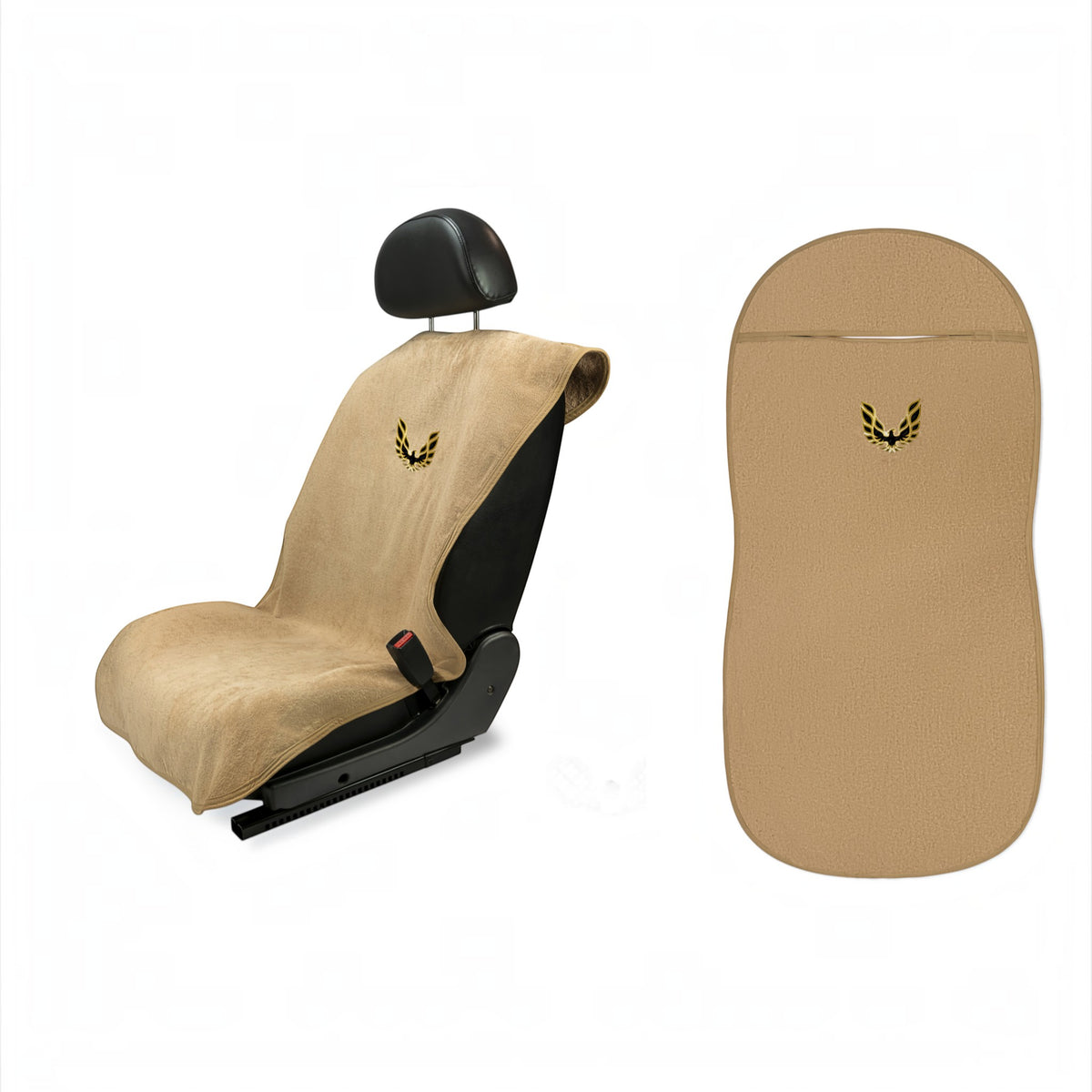 T-Top Vibes tan car seat towel featuring the Pontiac Trans Am Screaming Chicken logo, soft and absorbent fabric.