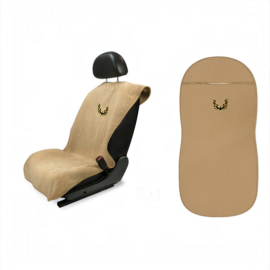 T-Top Vibes tan car seat towel featuring the Pontiac Trans Am Screaming Chicken logo, soft and absorbent fabric.