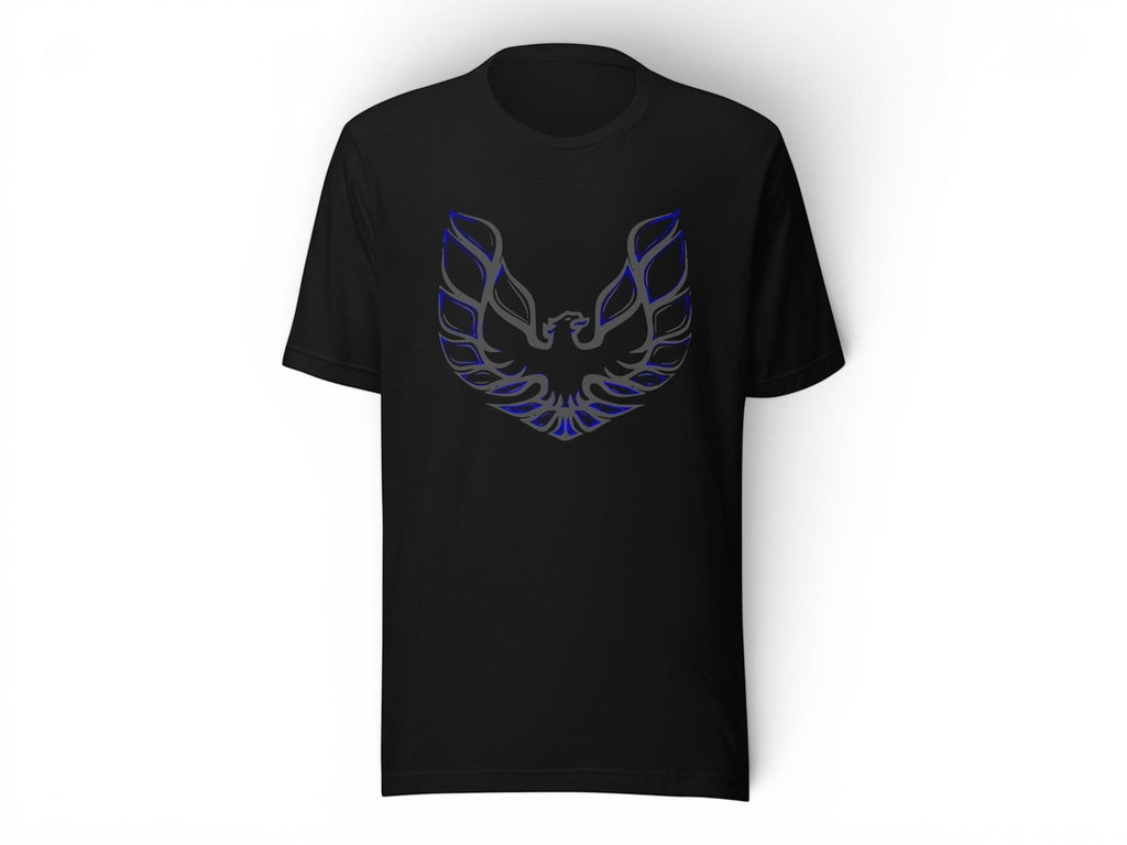 T-Top Vibes black cotton t-shirt featuring a blue and grey Pontiac Trans Am eagle graphic on the chest.