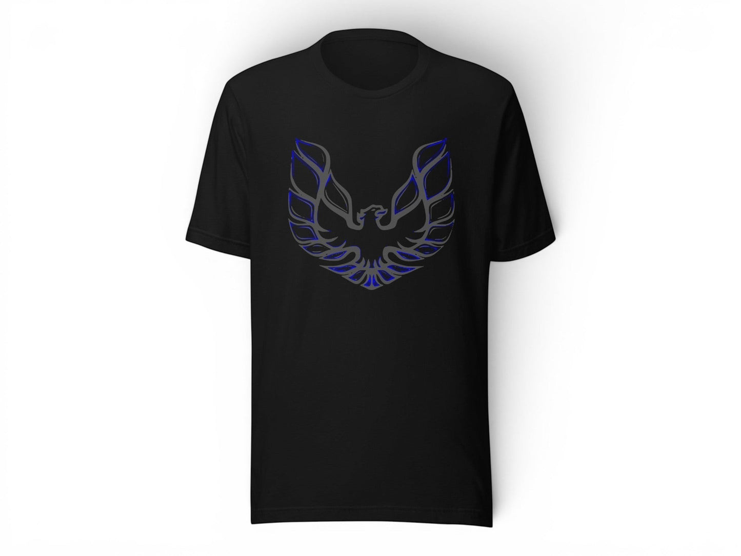 T-Top Vibes black cotton t-shirt featuring a blue and grey Pontiac Trans Am eagle graphic on the chest.