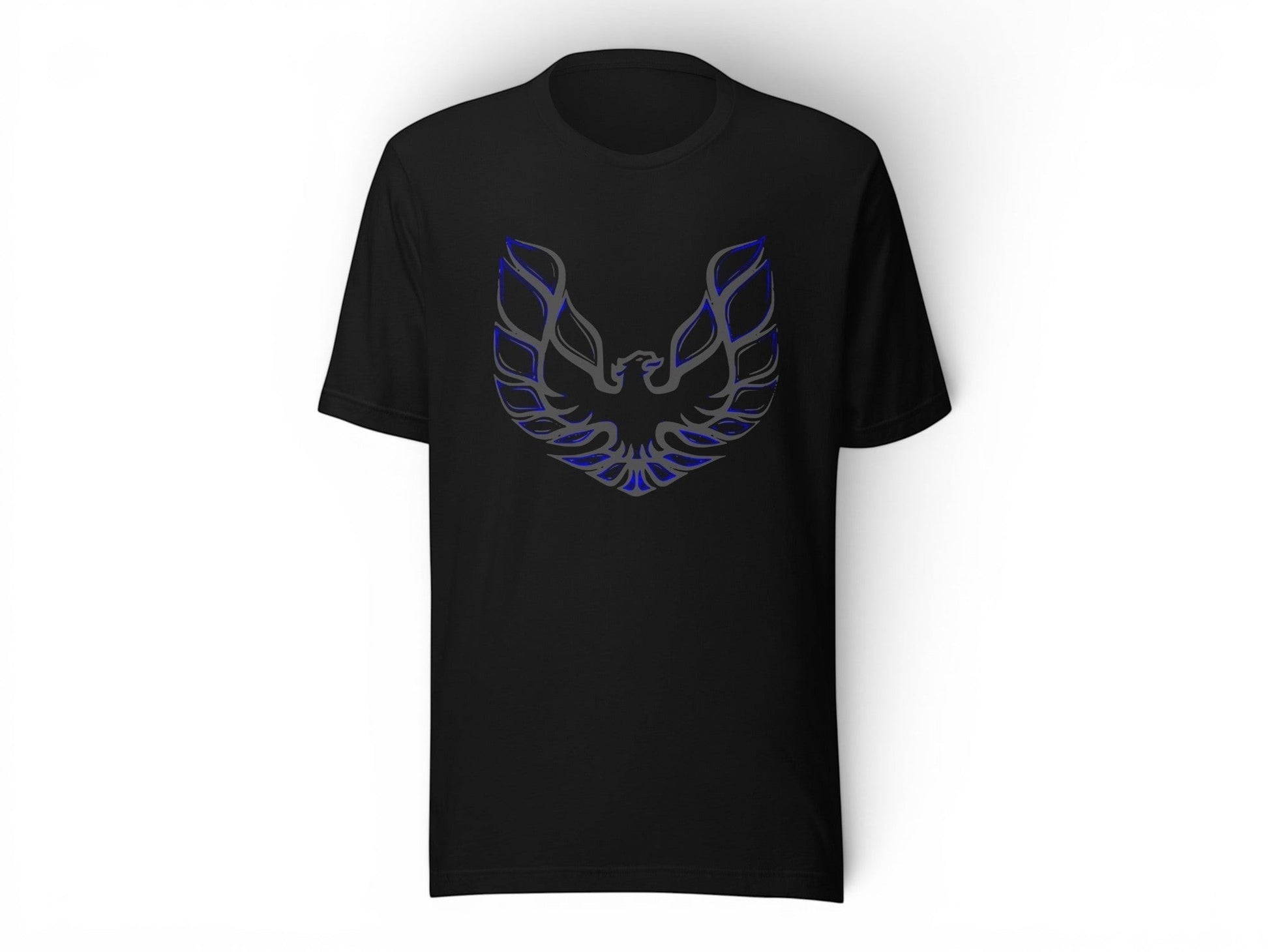 T-Top Vibes black cotton t-shirt featuring a blue and grey Pontiac Trans Am eagle graphic on the chest.