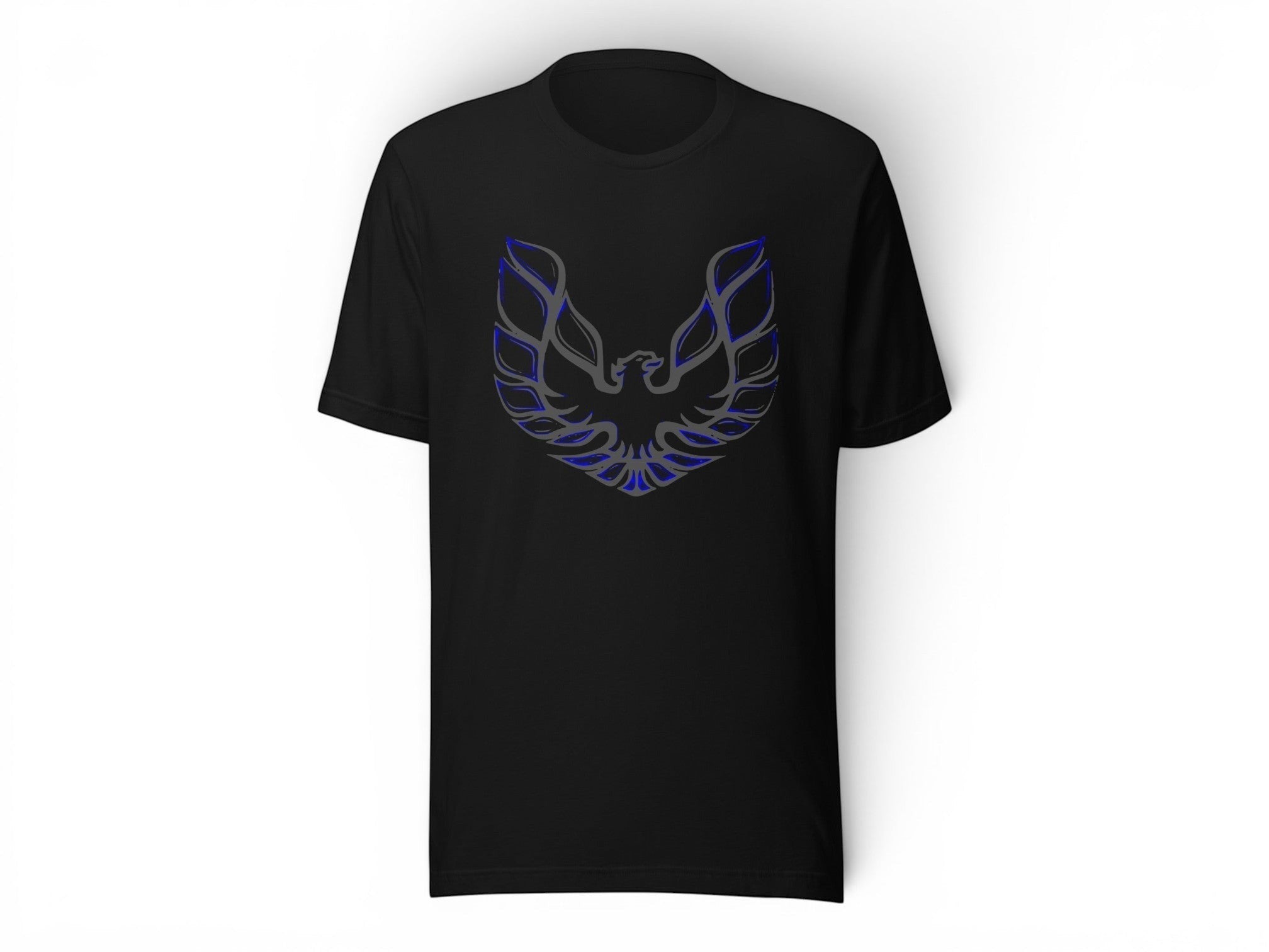 T-Top Vibes black cotton t-shirt featuring a blue and grey Pontiac Trans Am eagle graphic on the chest.