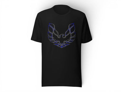 T-Top Vibes black cotton t-shirt featuring a blue and grey Pontiac Trans Am eagle graphic on the chest.