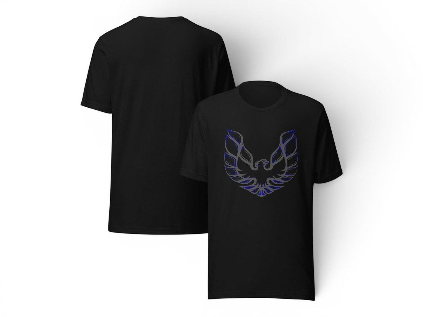 T-Top Vibes black cotton t-shirt featuring a blue and grey Pontiac Trans Am phoenix graphic on the front
