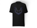 T-Top Vibes black cotton t-shirt featuring a blue and grey Pontiac Trans Am eagle graphic on the chest.