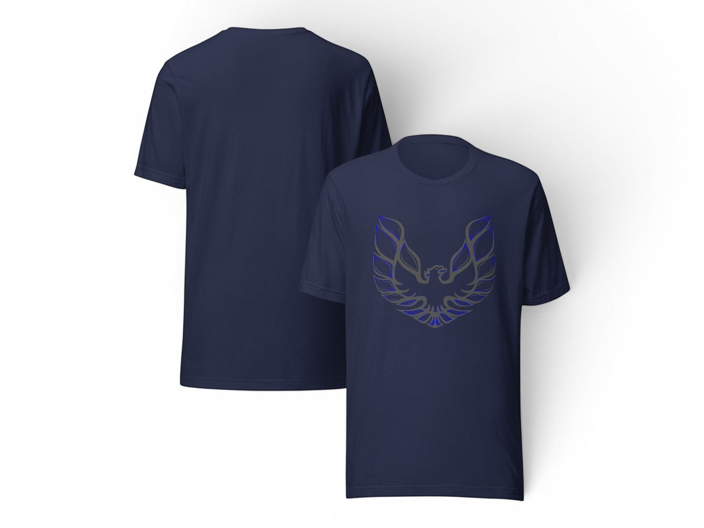 T-Top Vibes navy blue cotton t-shirt featuring a Pontiac Trans Am eagle graphic on the front and a plain back view.
