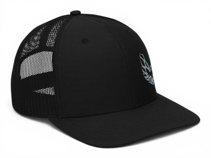 T-Top Vibes black trucker hat with silver embroidered Pontiac Trans Am Firebird logo and mesh back