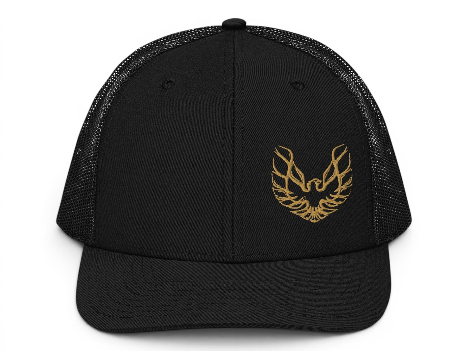 T-Top Vibes black trucker hat with gold embroidered Pontiac Trans Am phoenix logo on the front panel.