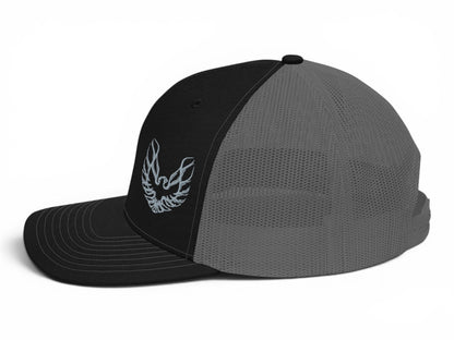 T-Top Vibes Richardson 112 trucker hat in black and charcoal with a silver embroidered Pontiac Firebird logo.