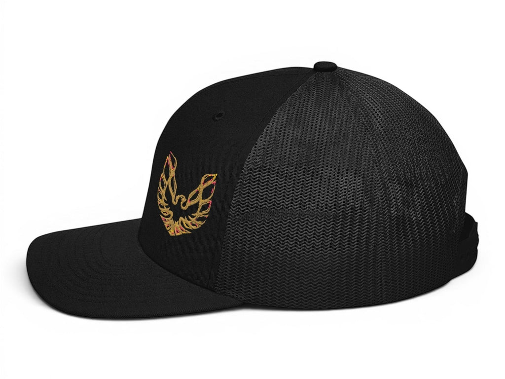 T-Top Vibes black trucker hat with embroidered Pontiac Trans Am firebird logo, structured fit and mesh back.