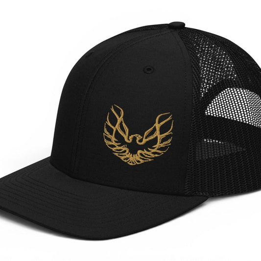 T-Top Vibes black trucker hat featuring an embroidered gold Pontiac Trans Am eagle logo on the front panel.