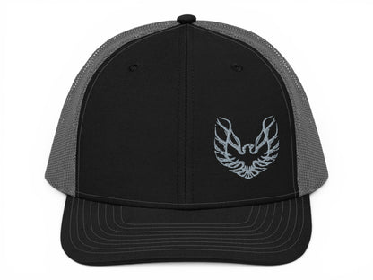 T-Top Vibes Pontiac Trans Am trucker hat in black and charcoal with silver embroidered Firebird logo
