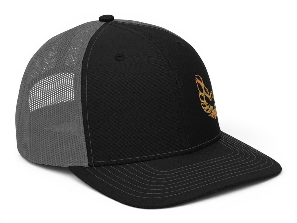 T-Top Vibes Pontiac Trans Am trucker hat with black structured front, grey mesh back, and embroidered logo.