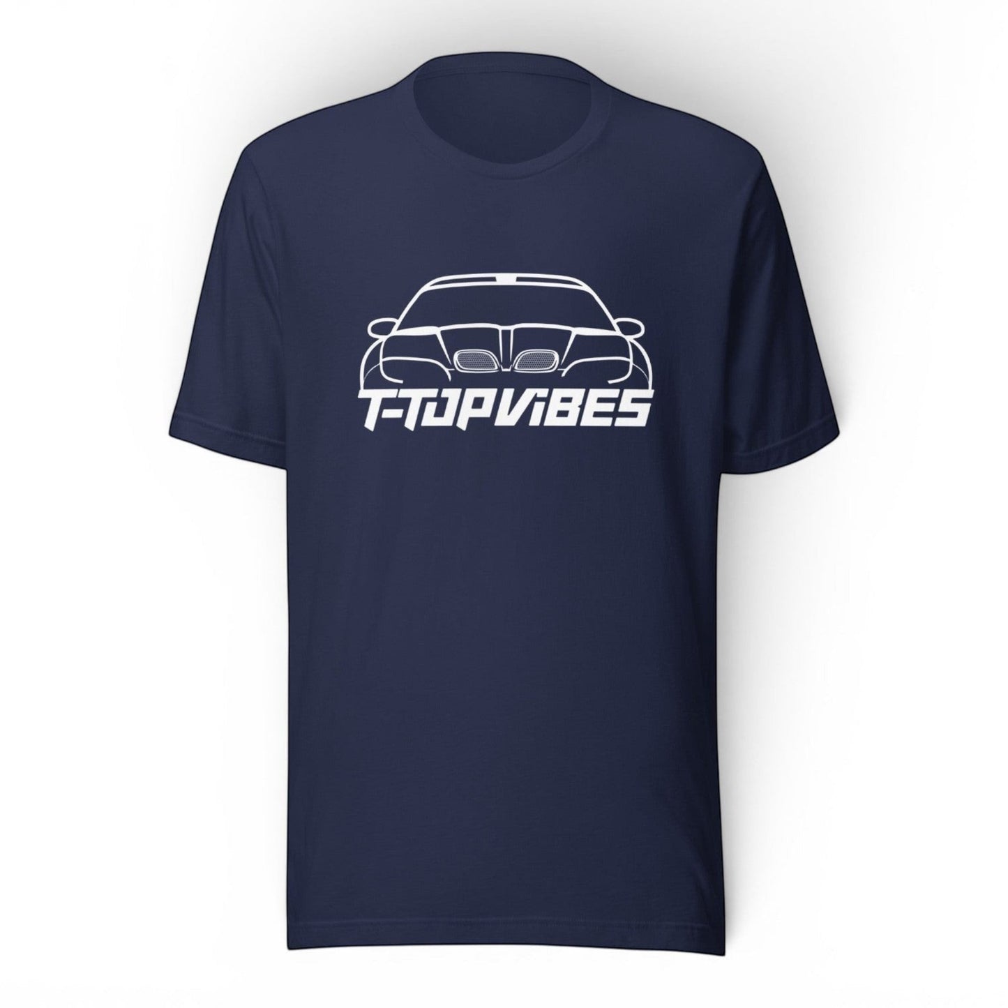 T-Top Vibes navy blue cotton t-shirt featuring a white line art graphic of a Pontiac Trans Am WS6 front end
