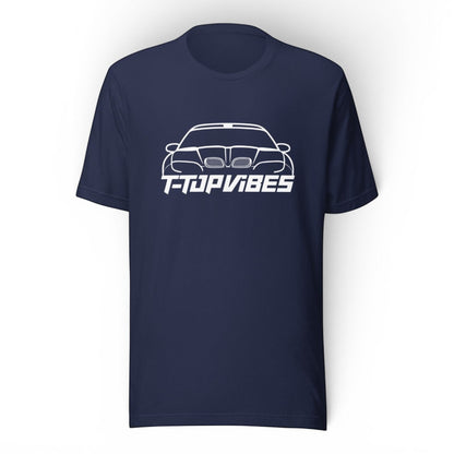 T-Top Vibes navy blue cotton t-shirt featuring a white line art graphic of a Pontiac Trans Am WS6 front end