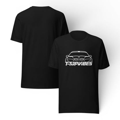 T-Top Vibes black cotton t-shirt featuring a white line art graphic of a Pontiac Trans Am WS6 front end.