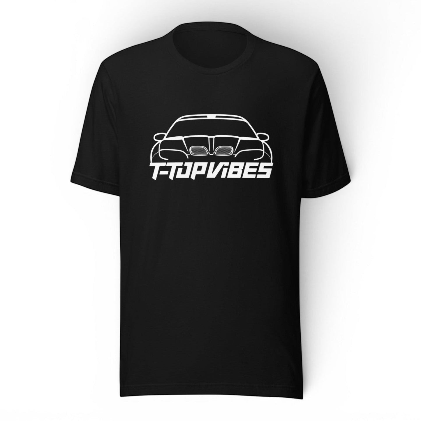 T-Top Vibes black cotton t-shirt featuring a white Pontiac Trans Am WS6 graphic on the chest.