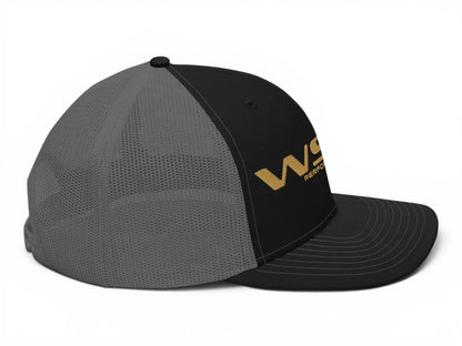 T-Top Vibes Pontiac Trans Am WS6 trucker hat with black front, grey mesh back, and gold embroidered logo.