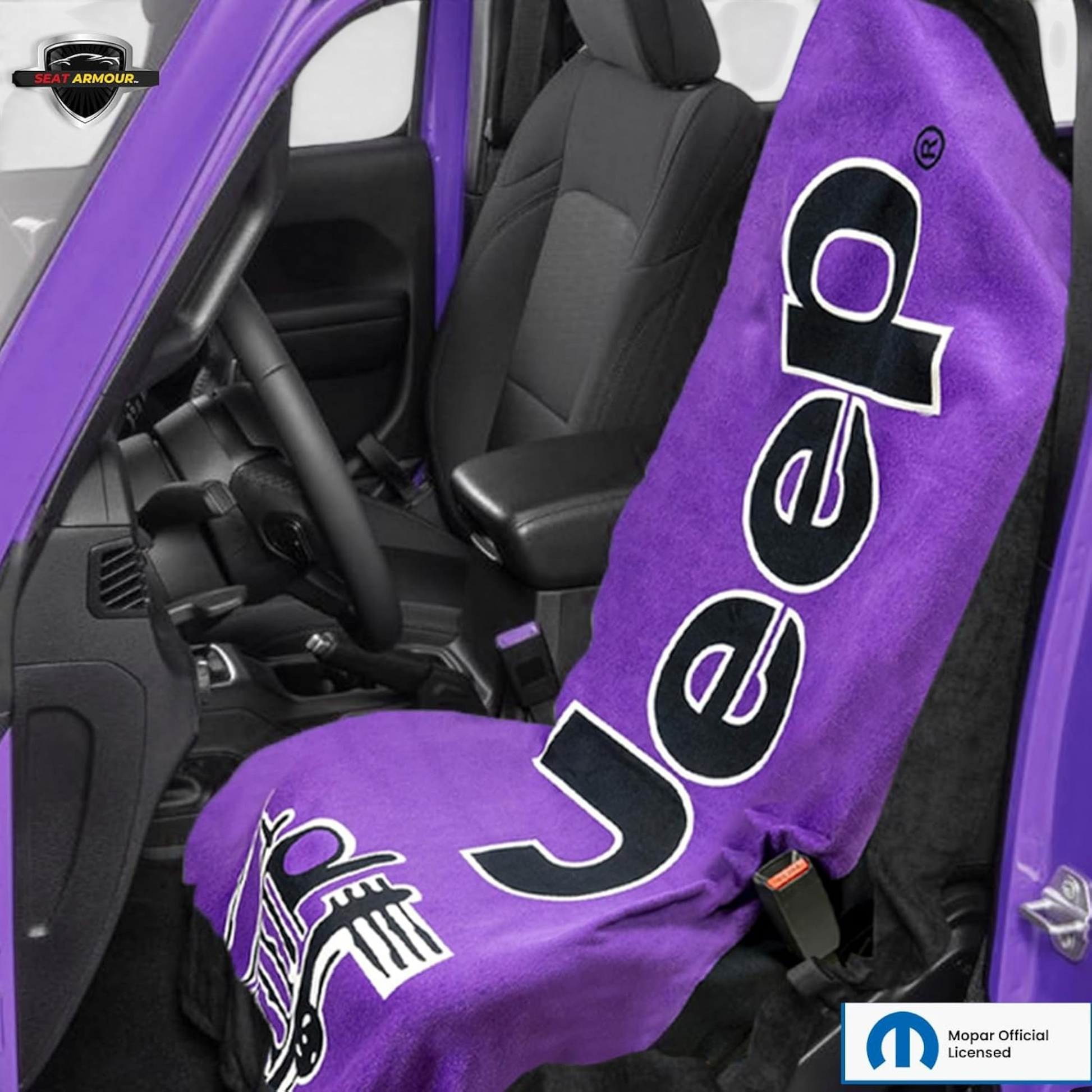 T-Top Vibes purple Jeep cotton terry velour car seat cover towel hanging over a vehicle seat with Jeep logo branding
