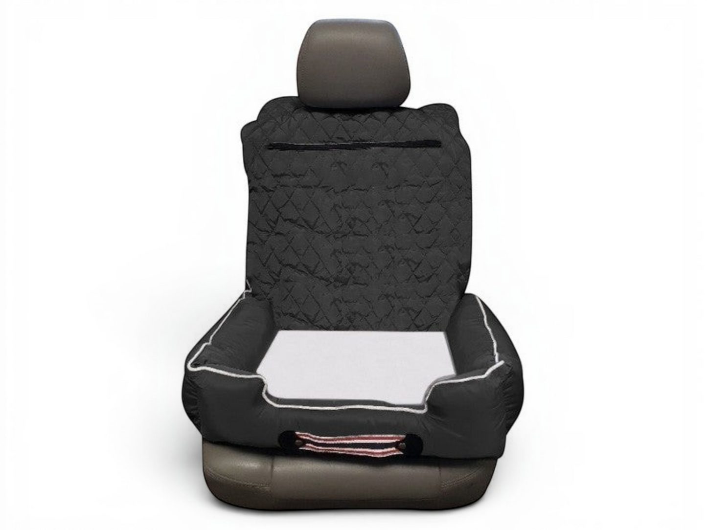 T-Top Vibes universal black quilted pet bed and car seat cover with a white interior and zippered storage compartment.