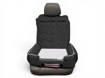 T-Top Vibes universal black quilted pet bed and car seat cover with a white interior and zippered storage compartment.