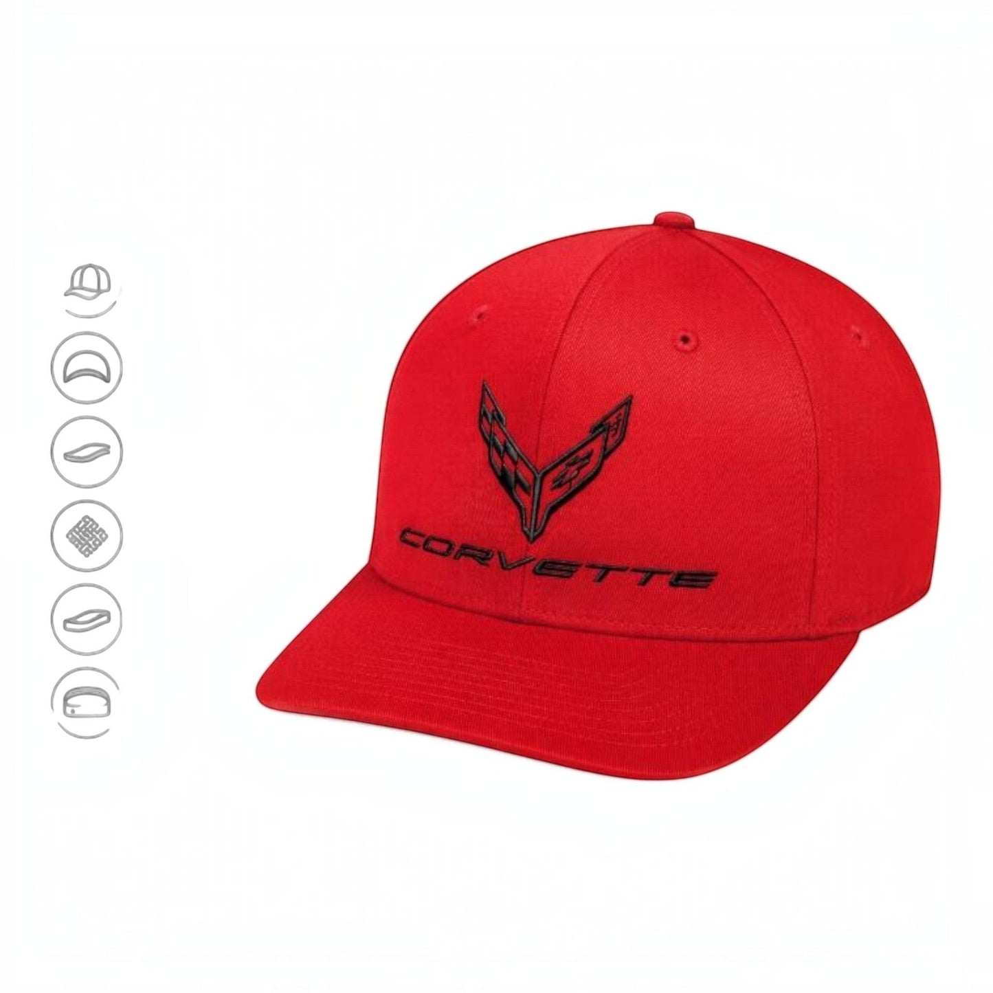 T-Top Vibes red Corvette C8 baseball cap with black embroidered tonal flag logo and adjustable snapback closure