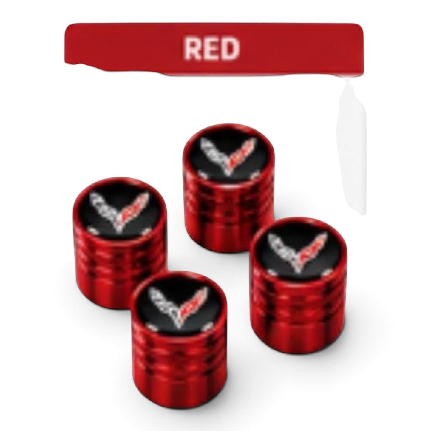 T-Top Vibes red anodized billet aluminum Corvette C8 valve stem caps with crossed-flags emblem and diamond-cut grip.