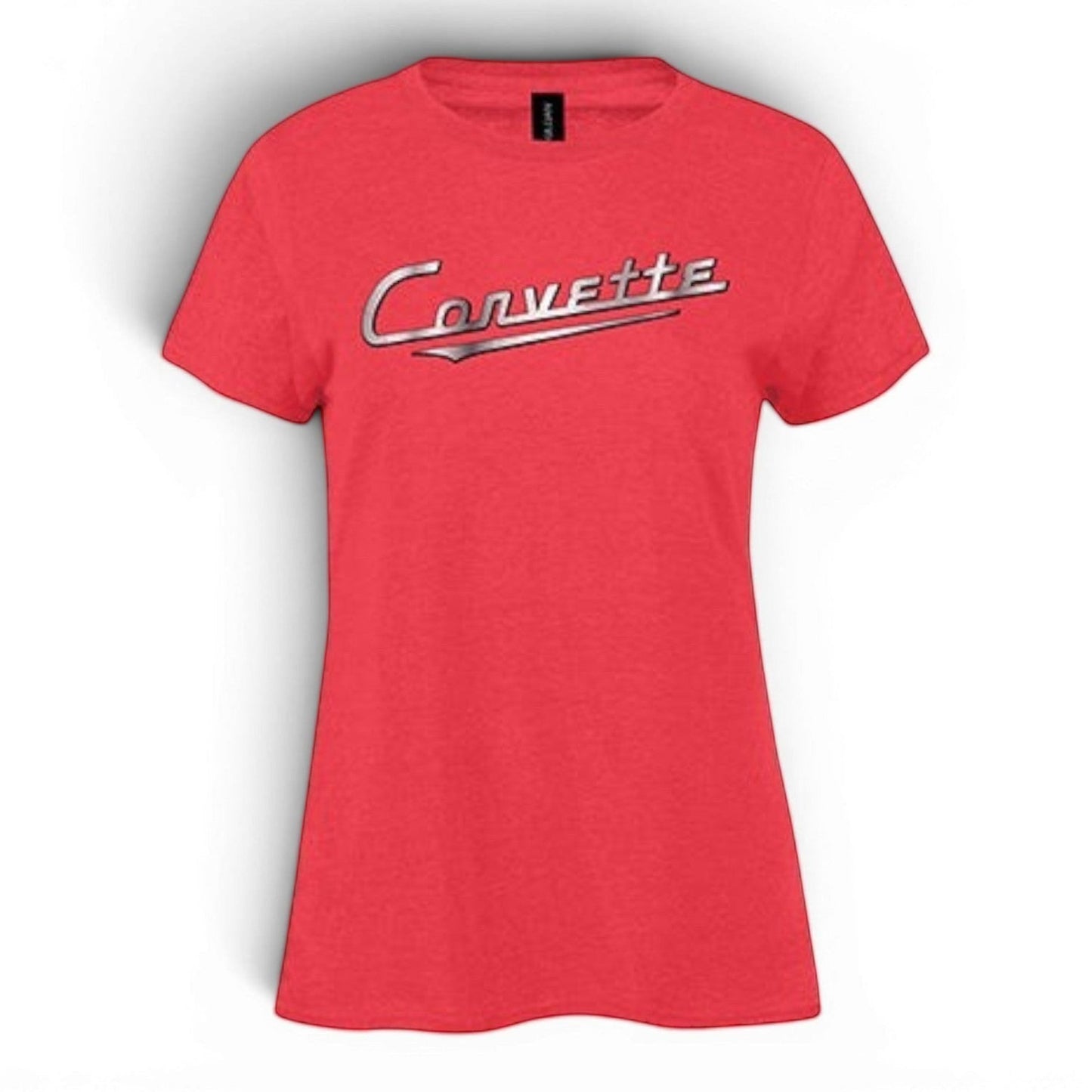 T-Top Vibes women's red mist cotton-blend t-shirt featuring a chrome foil Corvette script logo.