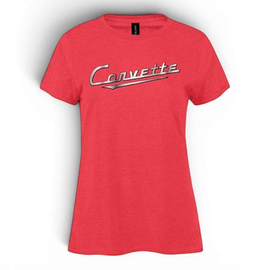 T-Top Vibes women's red mist cotton-blend t-shirt featuring a chrome foil Corvette script logo.