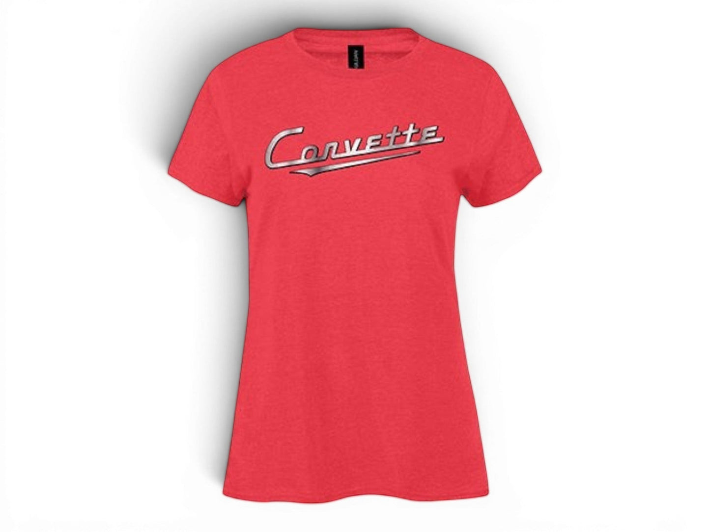 T-Top Vibes women's red mist cotton-blend t-shirt featuring a chrome foil Corvette script logo.