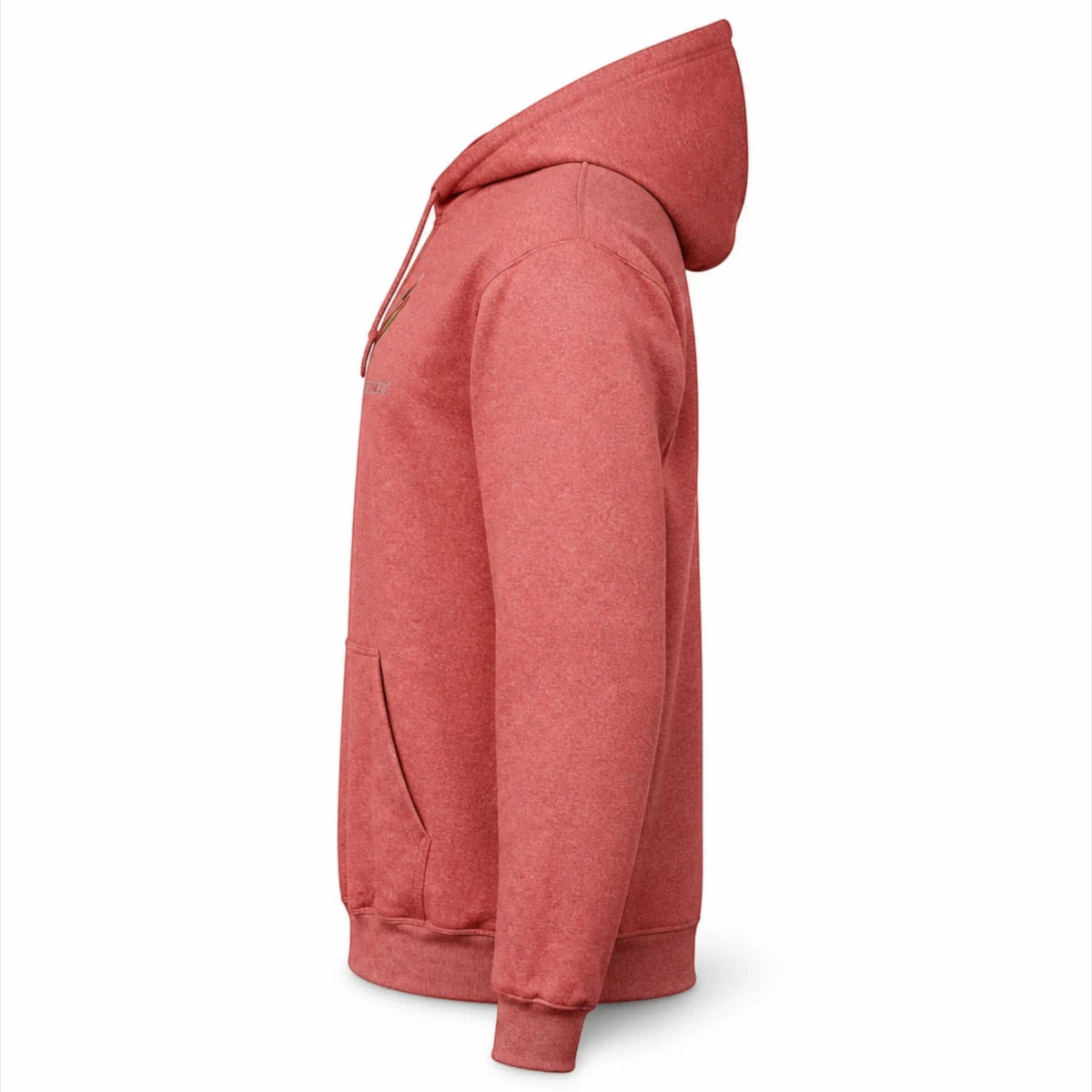T-Top Vibes red cotton-blend pullover hoodie with side view showing hood, drawstring, and front pouch pocket