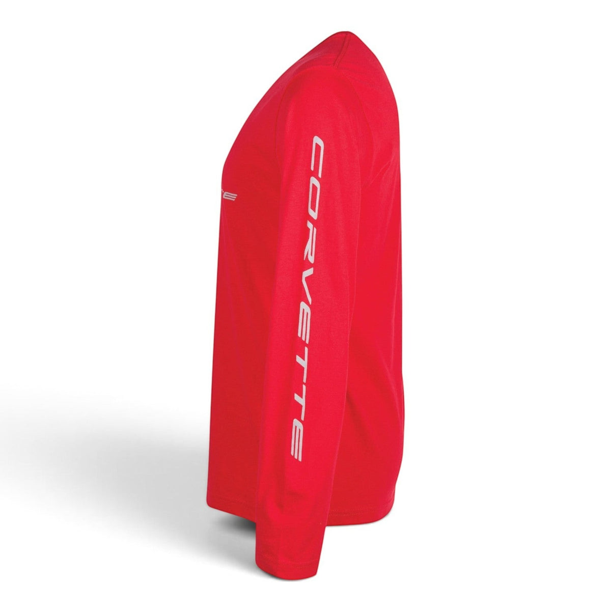 T-Top Vibes red long-sleeve Corvette C8 t-shirt with white Corvette lettering printed down the left sleeve