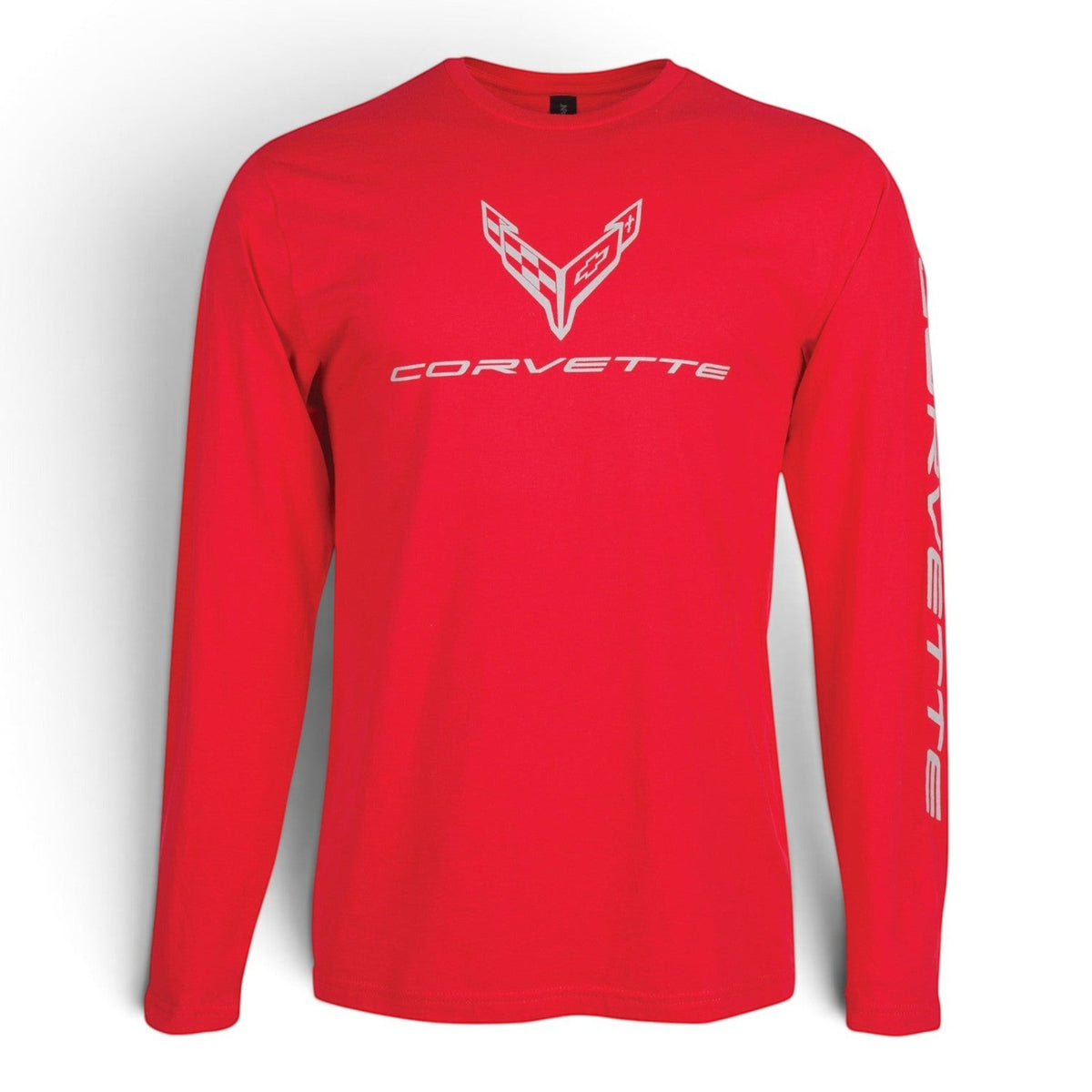 T-Top Vibes red long-sleeve cotton t-shirt with white Corvette C8 logo on chest and lettering on the left sleeve.