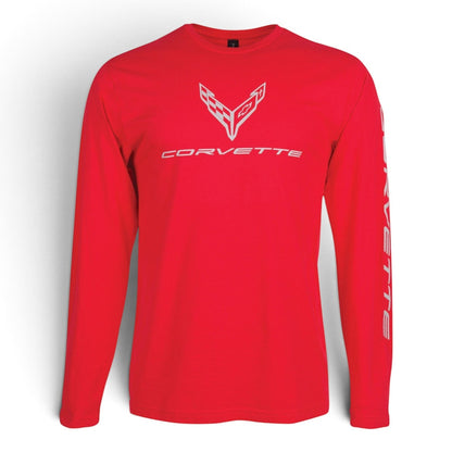 T-Top Vibes red long-sleeve cotton T-shirt featuring a white Corvette C8 logo on the chest and sleeve lettering.