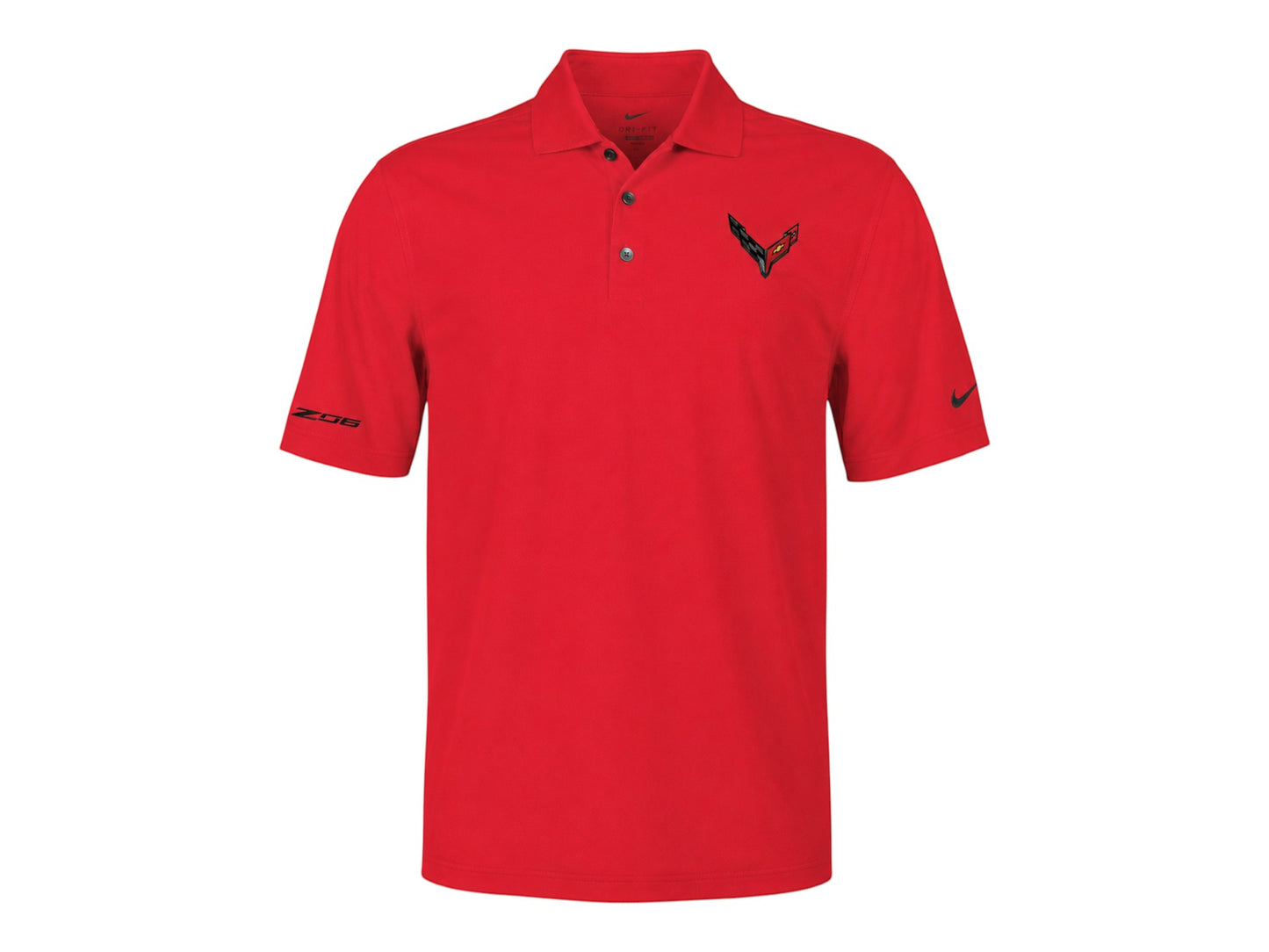 T-Top Vibes red Nike Dri-FIT Corvette Z06 polo shirt with embroidered chest emblem and sleeve detailing.