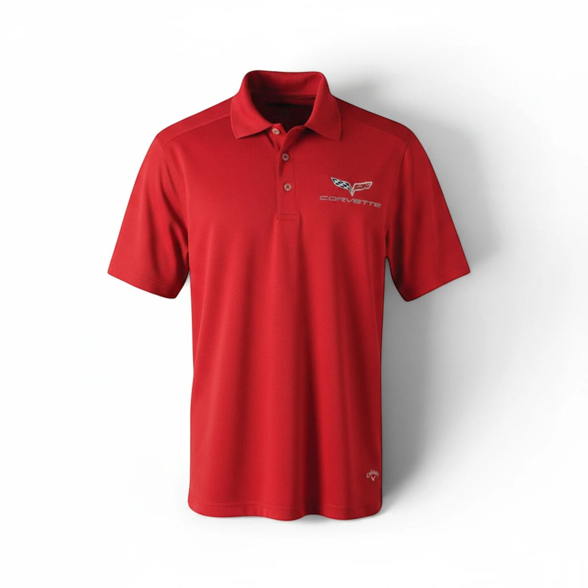 T-Top Vibes red Callaway Dry Core performance polo shirt with embroidered C6 Corvette emblem and three-button placket