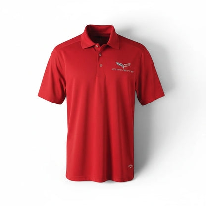 T-Top Vibes red Callaway Dry Core performance polo shirt with embroidered C6 Corvette emblem and three-button placket