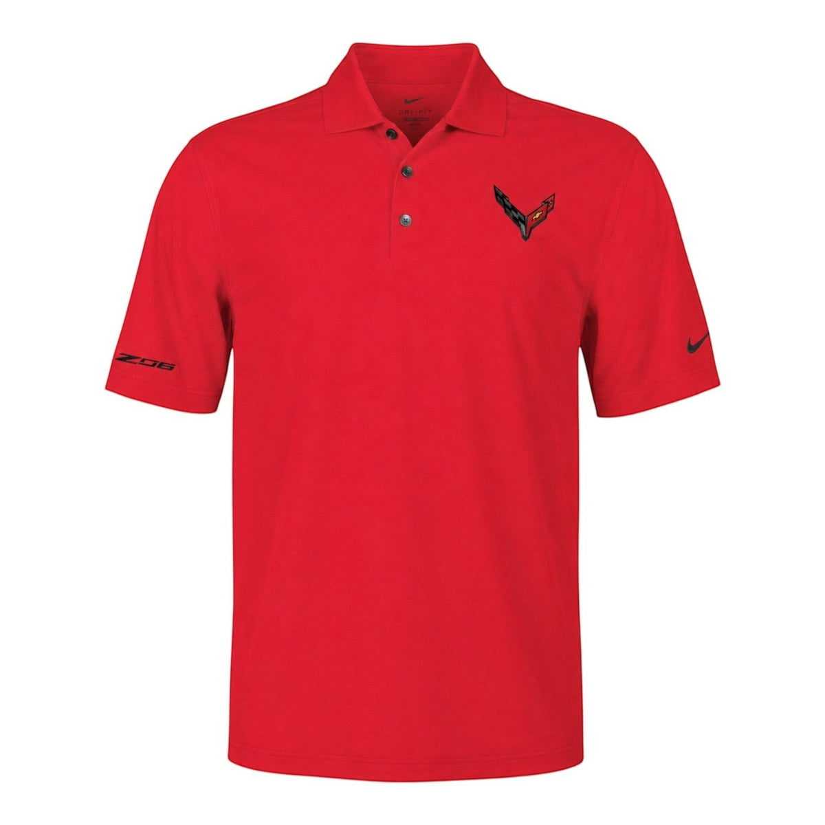 T-Top Vibes red Nike Dri-FIT micro-pique polo shirt with embroidered Corvette emblem and Z06 sleeve detail