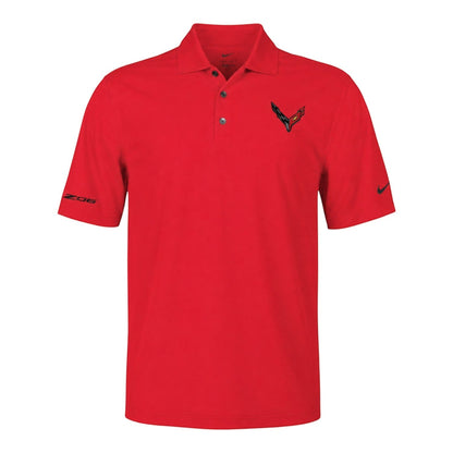 T-Top Vibes red Nike Dri-FIT micro-pique polo shirt with embroidered Corvette emblem and Z06 sleeve detail