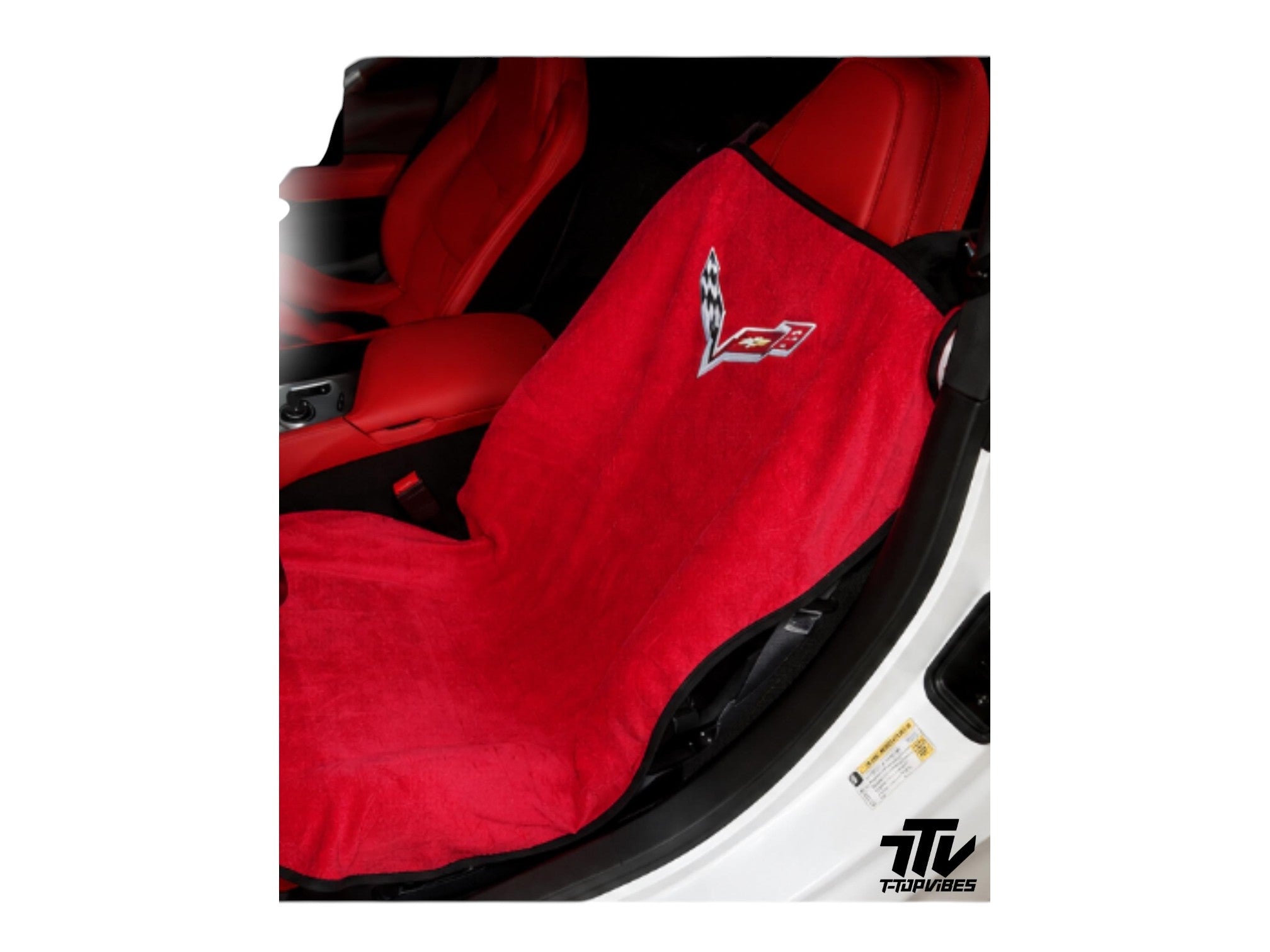 T-Top Vibes red cotton terry velour seat cover for Chevrolet Corvette C8 with embroidered logo
