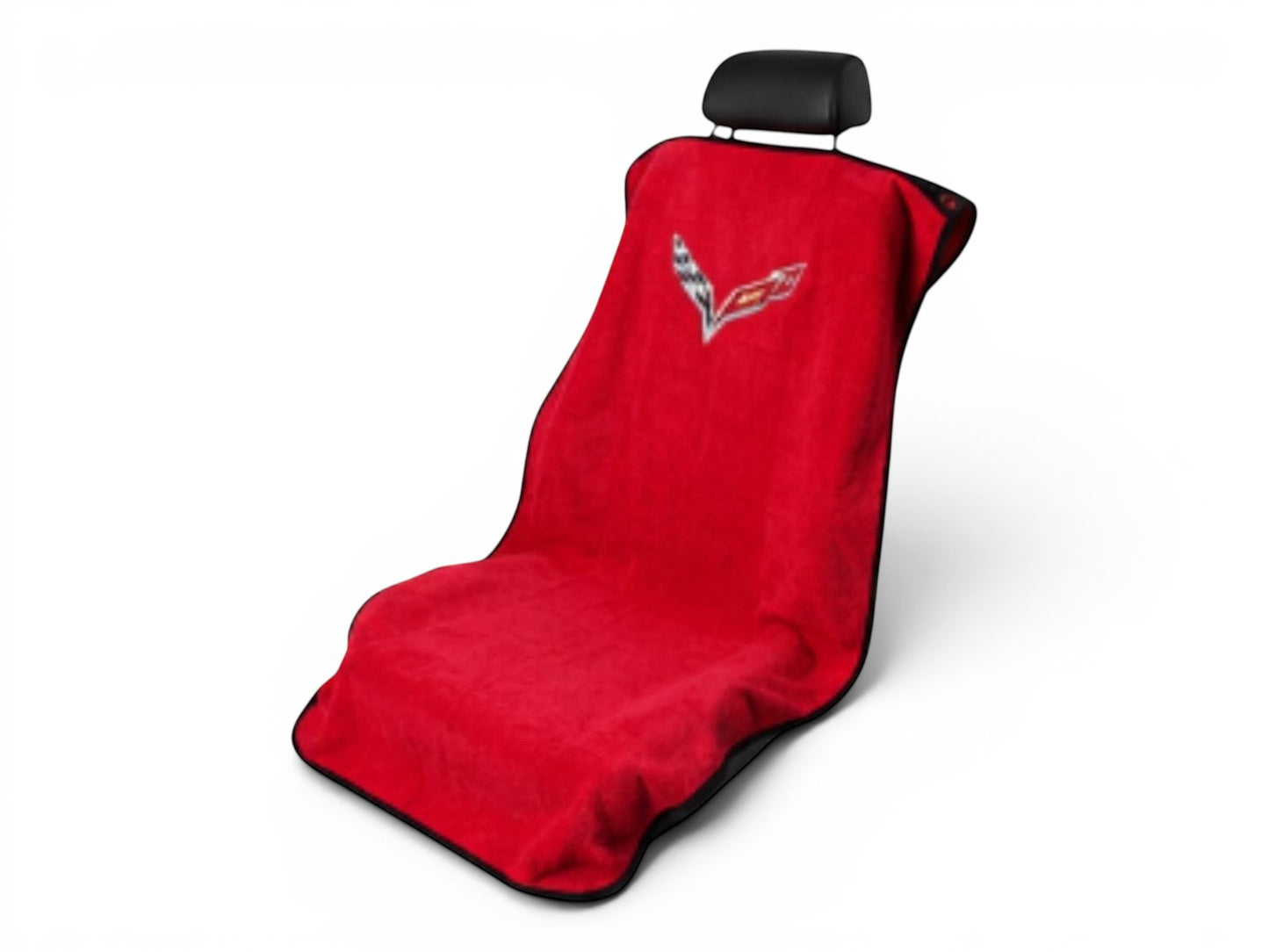 T-Top Vibes red Corvette C8 cotton seat cover towel with official logo, designed for universal car seat protection.
