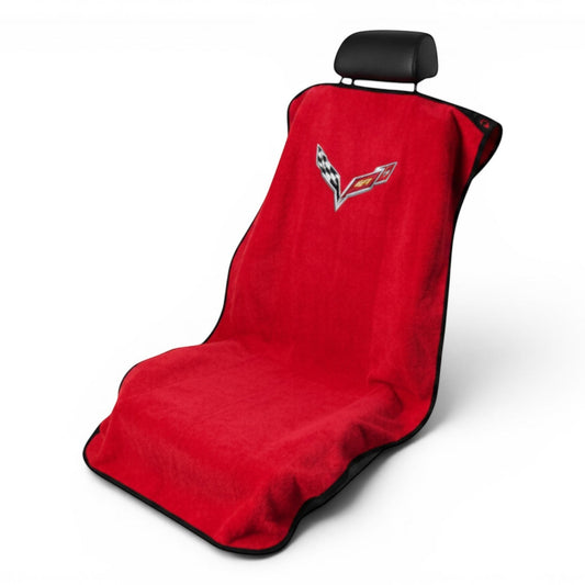 T-Top Vibes red cotton terry velour Corvette C8 car seat cover towel with black trim and embroidered logo