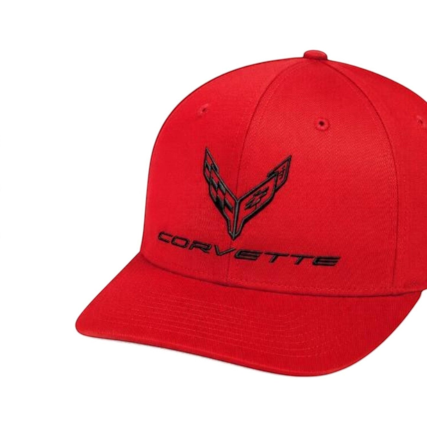 T-Top Vibes red C8 Corvette snapback cap with a black tonal flag logo on the front and a structured 6-panel design.